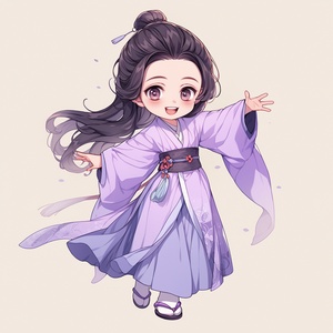 小女孩，淡紫色汉服，古典精致，全身图，chibi，打招呼，线条艺术，贴纸艺术，白色背景