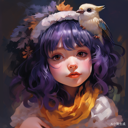 White Girl with Purple Hair and Cute Fat Little Swallow Doll: Charming Neotraditional Illustration