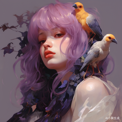 White Girl with Purple Hair and Cute Swallow Doll: Yanjun Cheng Style