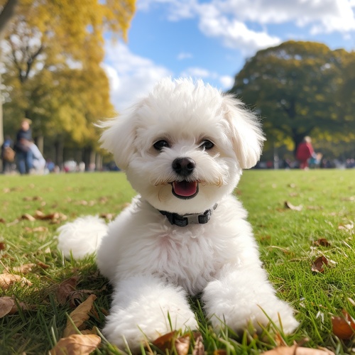 一只耳朵是黑色的白色比熊犬在公园玩耍