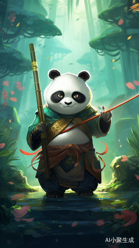 功夫熊猫与武术小女孩儿的竹林绘画