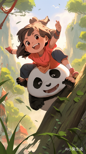 A Cute Little Girl Playing and Smiling with Kungfu Panda amidst Bamboo, Mountain, and Sunshine
