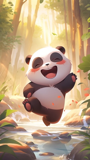 a cute little girl, kungfu panda, playing, smiling, bamboo, mountain, sunshine, masterpiece,