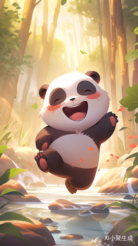 A Cute Little Girl Playing and Smiling with Kungfu Panda amidst Bamboo, Mountain, and Sunshine