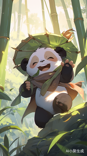 A Cute Little Girl Playing and Smiling with Kungfu Panda amidst Bamboo, Mountain, and Sunshine