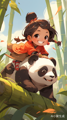 A Cute Little Girl Playing and Smiling with Kungfu Panda amidst Bamboo, Mountain, and Sunshine