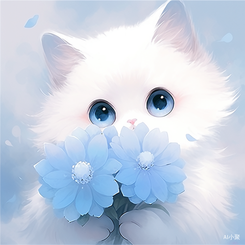 Lovely White Cartoon Cat with Blue Flower