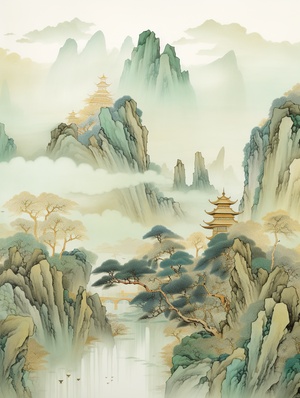 Chinese embroidery craft of agolden-blue-green mountain with pavilions and trees, gilding, flowing liquid gold, minimalist color field, freehand brushwork blank-leaving, organic form, simplebackground q 0.5ar 3:4 v 6.0