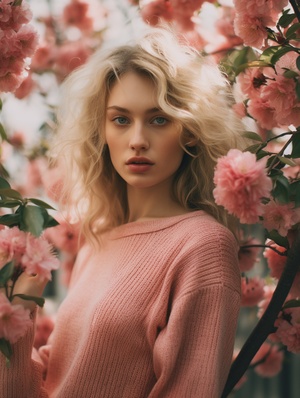 photo of blonde woman in pinksweater, surrounded in the style of apple blossoms and green leaves, spring aesthetic, dreamy aesthetic -ar 90:109