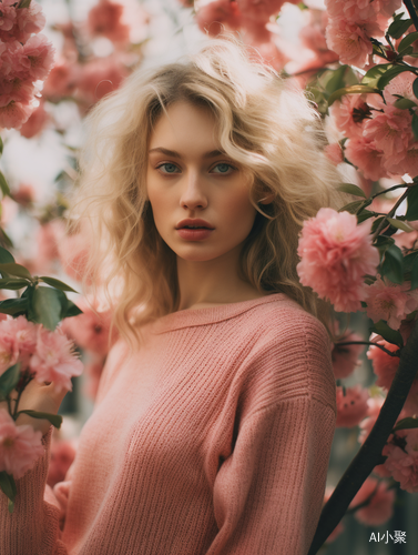 Blonde Woman in Pink Sweater Surrounded by Apple Blossoms and Green Leaves