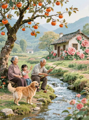 水流狗走柿子动的和谐景象