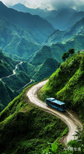 旅游大巴缓慢行驶在盘山路上