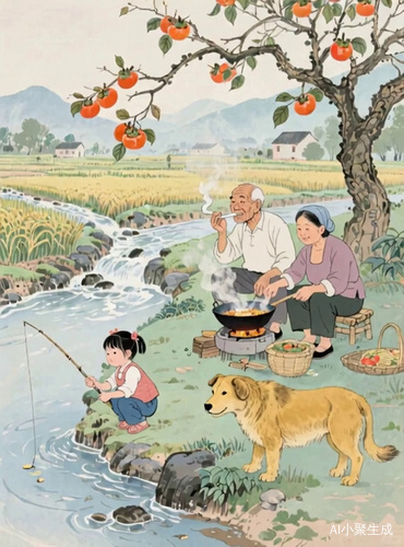 爷爷抽烟冒着烟，狗狗晃动的尾巴，奶奶炒菜冒着热气，水面缓缓流动