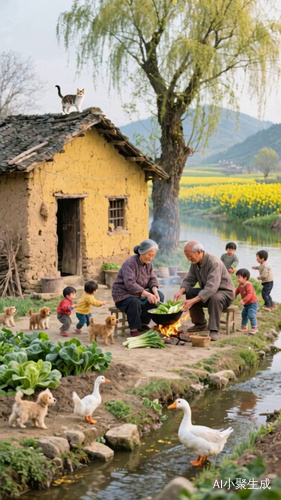 大鹅在白头小树小河在流水数柳树在摇曳小猫在低头，小狗和孩子们在玩耍，奶奶和爷爷一边炒菜，一边聊天还笑着，火苗在痘痘在痘痘火苗在抖动在跳动