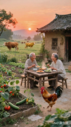 夕阳西下，余晖洒在小院，老两口围坐木桌，饭菜飘香，公鸡踱步，远处牛儿悠闲的吃着草，