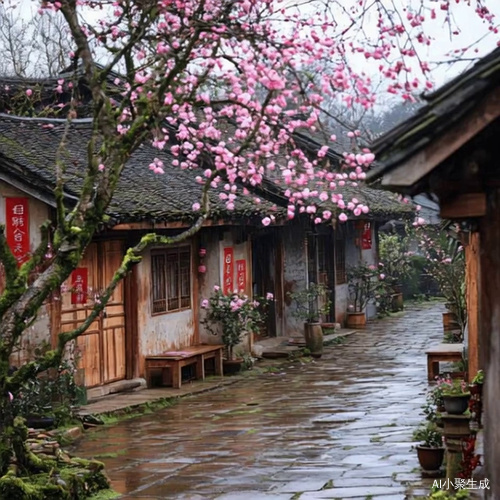 春天雨后的早晨，微风吹拂花瓣飘落，地面温滑一只小狗在路上走向前方