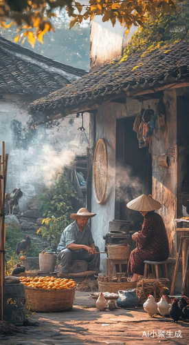 【AI绘画提示词】  n晨光熹微的农家小院，土墙斑驳挂着晒干的玉米串和竹簸箕。爷爷穿灰布衫戴草帽，坐在木凳上摇蒲扇扇炉火，铁壶咕嘟冒着热气；奶奶裹绛红色头巾，弯腰从藤筐里挑拣红薯，脚边围着一群啄食的芦花鸡。竹竿晾着碎花衣裳随风轻晃，院角堆着劈好的柴火和竹耙，木架上垂着几串金黄柿子。篱笆外丝瓜藤爬满竹架，石板缝里钻出几簇野薄荷，远处青山笼着薄雾，蝉鸣混着灶台飘来的米粥香。nn（分层技巧：光影质感→人物互动→生活符号→五感氛围）