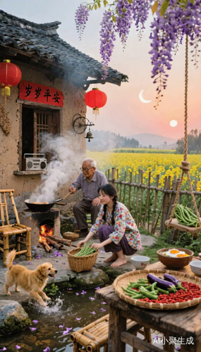 树叶灯笼微风漂动，老人在做饭，灶台柴火燃烧  锅上煮烟飘飘，小女孩在洗菜，小黄狗尾巴摆动在玩水花，手机拍摄运镜