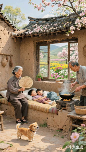 爷爷奶奶在说话，小狗尾巴摇晃走动，炒菜冒着热气，扇子在摇晃花在摇晃