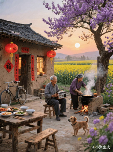 灯笼树枝花儿随风摆动，篝火旺旺，炊烟袅袅，奶奶在动手炒菜，小狗在摇尾巴，爷爷微笑着注视前方