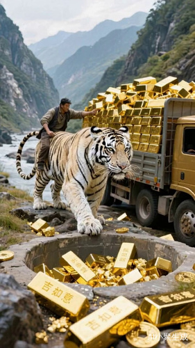 人和虎走起来，金块闪闪发光，