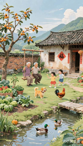 爷爷奶奶坐的秋千荡起来，两小孩走起来，小黄狗摇着尾巴，鸭子在河里游起来，鸡走起来