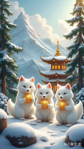 三只白狐在美丽的雪山下，向各位爷爷奶奶叔叔阿姨哥哥姐姐弟弟妹妹们送去最真挚的祝福，能在这里向你们送祝福是我的幸运！