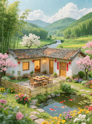 微风轻拂，枝叶飘动，晨光中炊烟袅袅，烟雾缭绕，院中大红公鸡在啼鸣