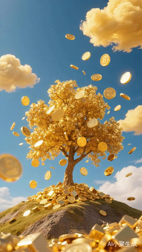 树上的金币越长越多，不断地落下来，落满地面