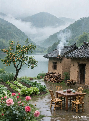 云雾缭绕，湖水荡漾，炊烟袅袅，果树和玟瑰花风中摇曳，小雨