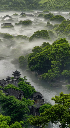 雾在动水流动树叶随风摆动