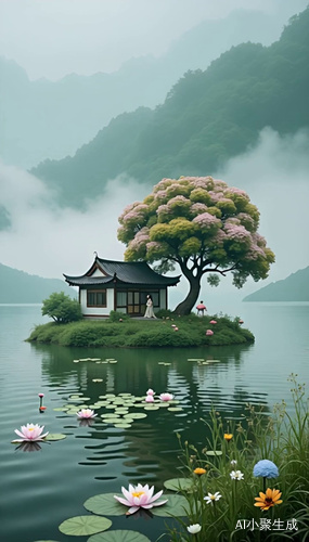 云雾里，湖水中央，绿色岛屿上一座美丽的古亭前面，一个穿着古装裙子的美女，翩翩起舞，跳着古装舞
