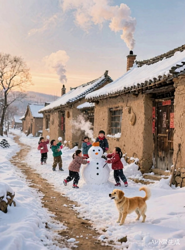 冬日雪景下小朋友堆雪人打雪仗与小狗嬉戏