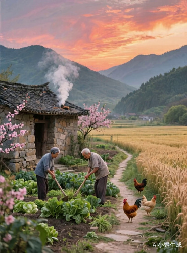 黄昏田园风景下的乡村生活与自然和谐