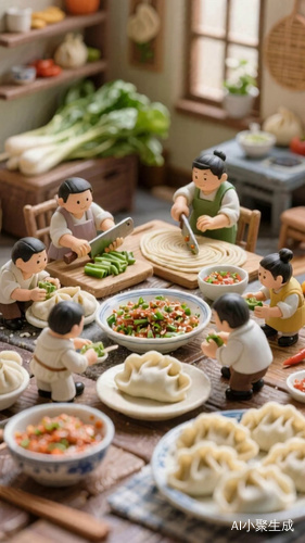 微缩世界中的小人们包饺子与团聚