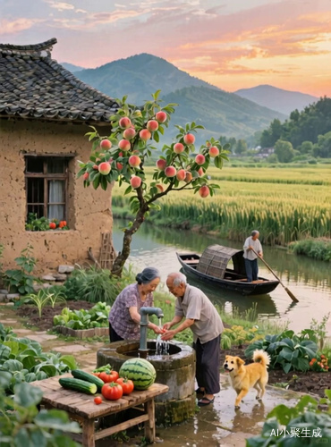 炊烟袅袅，乌蓬船在河中前行，爷爷奶奶在洗蔬菜瓜果，小黄狗在爷爷脚边摇尾巴