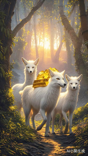 三只美丽的白灵狐，背着金砖走在一条小路上向你走来，小路上两边都是青青竹子，象爱心形壮，天空一朵朵白飘飘，金色的太阳洒满了阳光一层一层梯田。一层层绿绿的茶树。