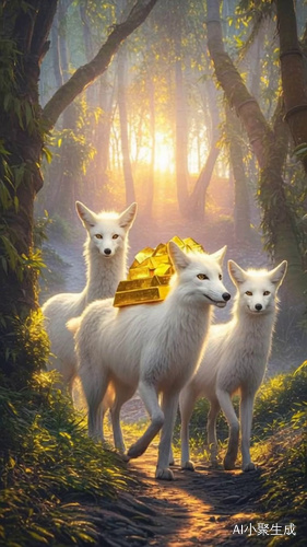 三只百灵狐，背上驼着金砖，走在一条石子路上向你走来，小路两旁有绿绿竹子林，爱心形壮阳光明媚。