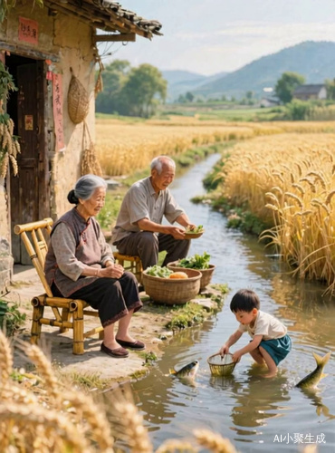 中国文化传统四园风格，泥墙瓦房，屋内有金色的灯光闪闪发光。门前有个小院子。有个小木卓，木卓上摆放着西瓜和樱桃，有一条小溪，周边有金包的麦田，中国老爷爷坐在木椅子上关注小男孩水里面模鱼，老奶奶用刀切西瓜，小黄狗在谣谣尾巴！