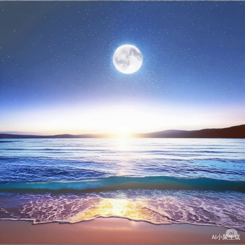 海浪涌向海边 星星闪烁 月亮缓慢移动