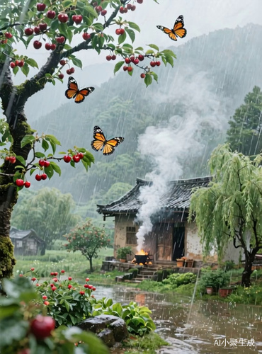 炊烟袅袅狂风暴雨房前房后种着，樱桃或柳树。樱桃和柳树。蝴蝶在树上飞舞。