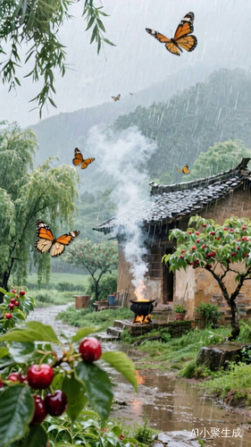 中国文化传统田园风格炊烟袅袅狂风暴雨房前房后樱桃柳树。樱桃柳树蝴蝶飞舞。蝴蝶飞舞