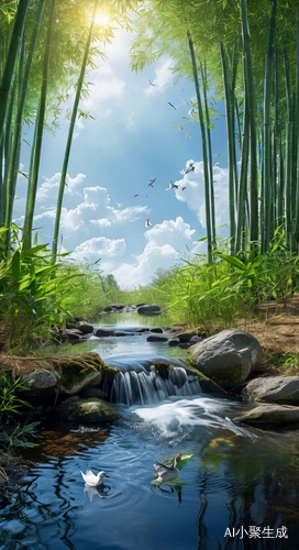 溪水流淌，鸭子游泳，鸟儿飞翔，竹叶和草摆动