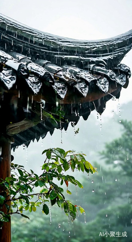 雨滴落下，瓦片上雨水滴落，绿叶植物在雨中摇曳，叶片上沾着雨滴，远处雾气弥漫。 —ar 9:16