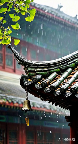 树叶和铜铃随风摇摆，大雨飘落