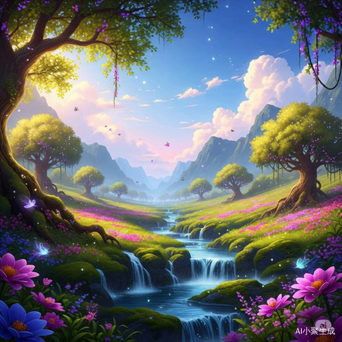 河水流动，鸟儿动，树叶动，花草动云朵动