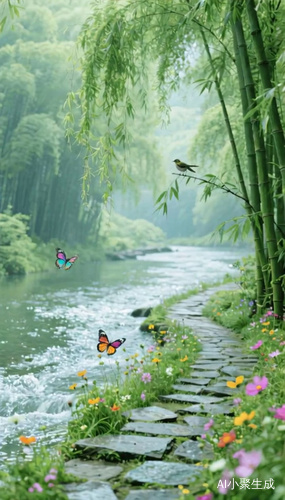 溪水流淌与垂柳小鸟蝴蝶的和谐美景