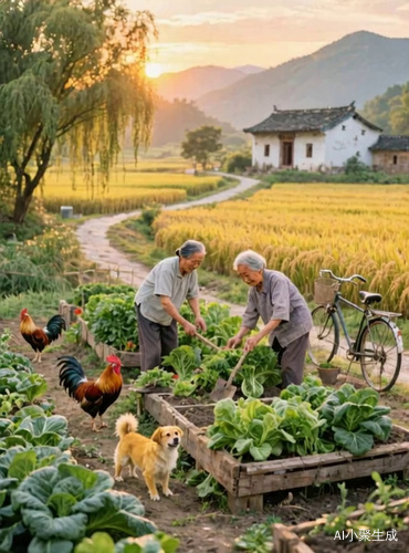 乡村小景奶奶摘菜小狗摇尾巴鸡来回走动