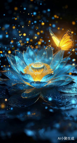 以下是提取的关键词，用于精准描述画面内容，方便后续生图使用：n蓝色发光莲花，金色花蕊，黑色背景，金色光丝（放射状、闪烁、粒子效果）让这只莲花的发光粒子喷射出去，使其发出熣灿的效果，梦幻，璀璨，科技感，光影特效，装饰性元素，视觉冲击