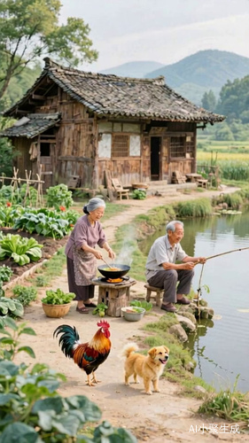爷爷在垂钓，奶奶在炒菜，炊烟袅袅，小狗在来回奔跑，鸡在到处觅食，河水微波荡漾，树叶随风摇曳